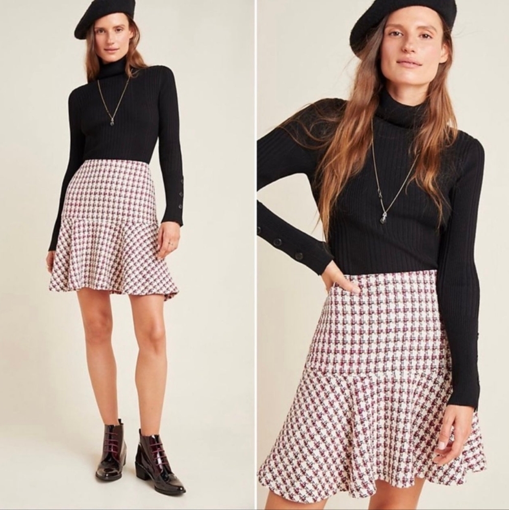 Anthropologie Maeve Bobbie Tweed Flounce Mini Skirt Pink Black Size 2